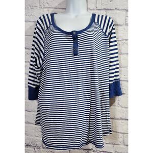 Cacique Intimates Blue White Striped Sleep Top 18 20 Raglan 3/4 Sleeves Soft